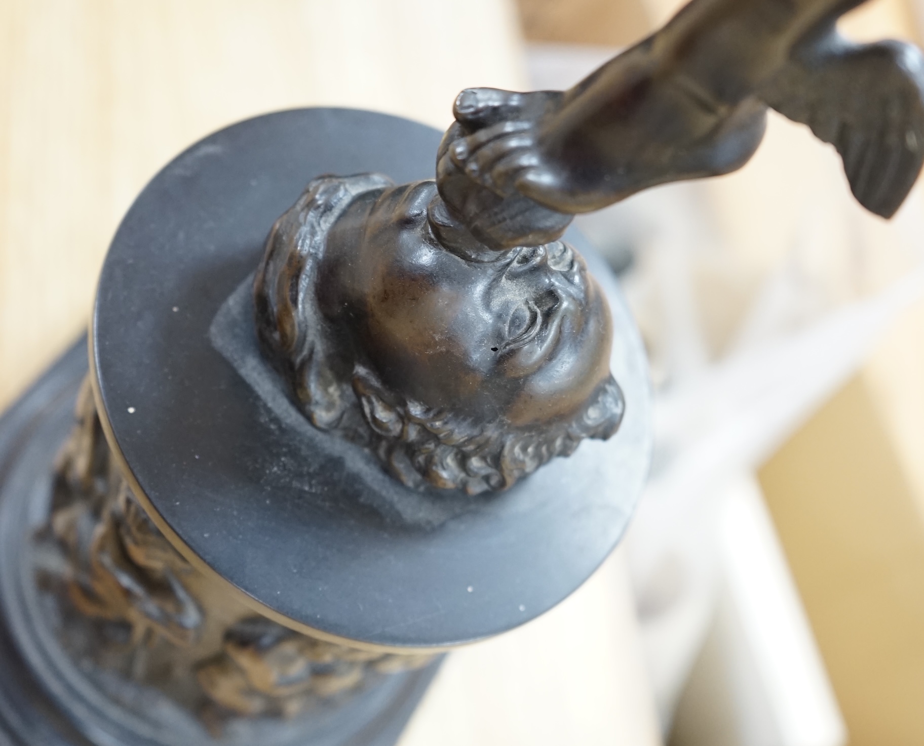 A late 19th / early 20th century Grand Tour style bronze study of Mercury raised on a circular column base, 87cm high. Condition - small chips to black slate plinth otherwise in good condition